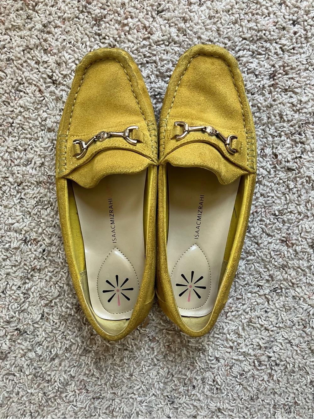 Isaac Mizrahi Mustard Yellow Suede Loafers with Gold Bit